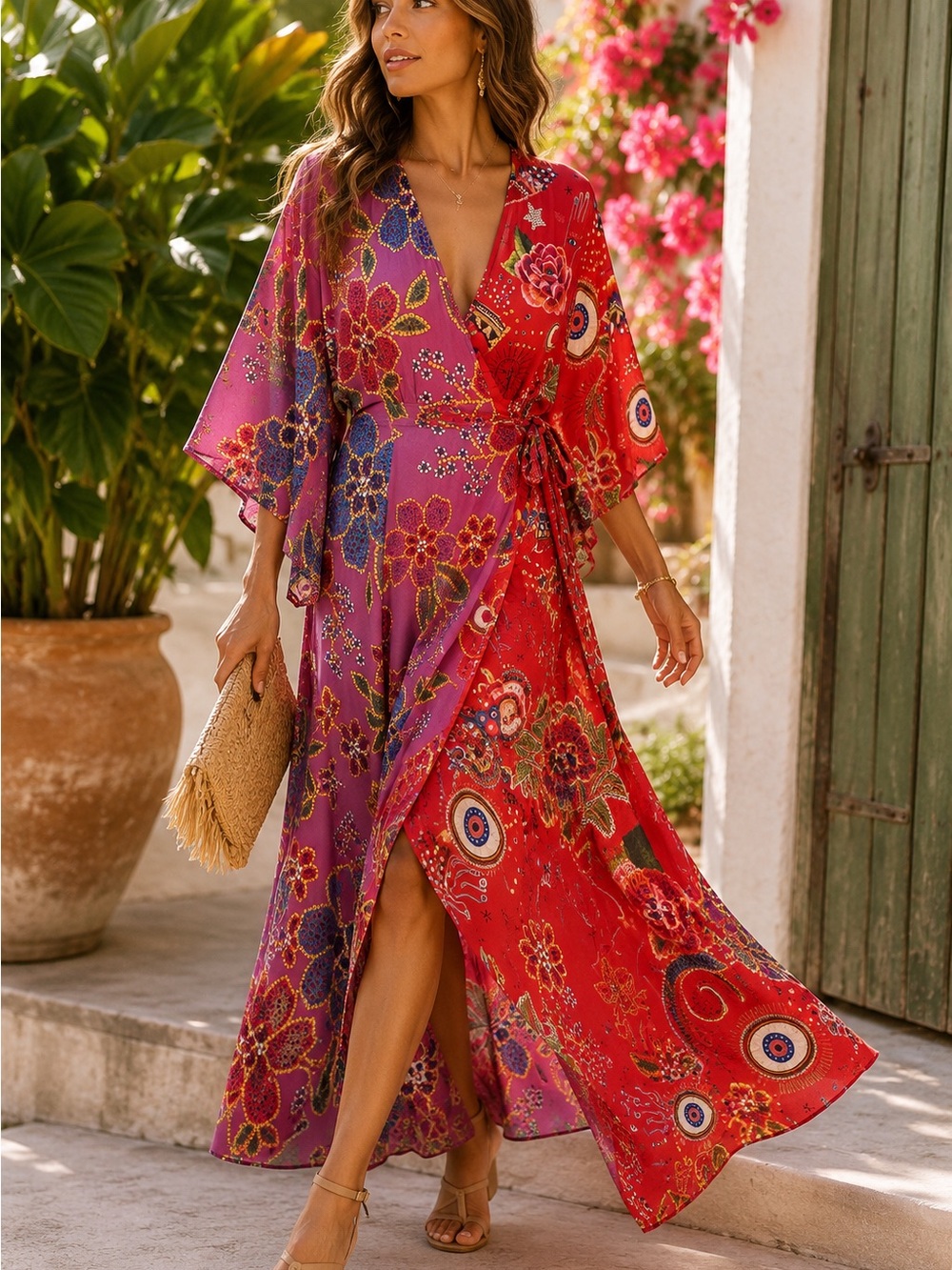 Farm Rio Pink Red Embroidered Floral Eye Wrap Maxi Dress S